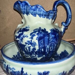 1920s Victoria Ware Ironstone Italianate Cobalt Blue Large Pitcher & Basin